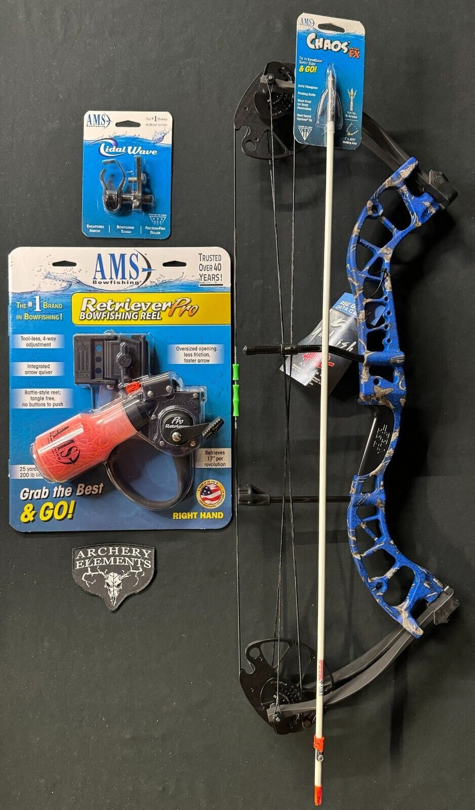 PSE D3 Blue Bowfishing Compound Bow Right Hand AMS Retriever Pro g
